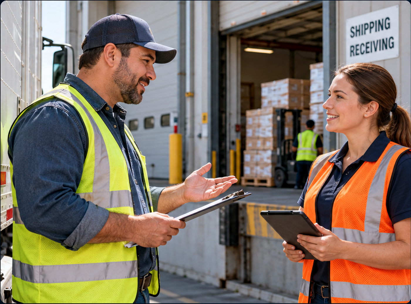 A professional driver speaking with a warehouse employee at a delivery location